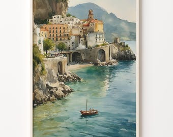 Acquerello della Costiera Amalfitana, poster di viaggio sull'Italia, arte murale sulla Costiera Amalfitana, stampa della costa italiana, decorazione da parete