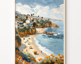 Laguna Beach Watercolor Painting: California Coastal Wall Art