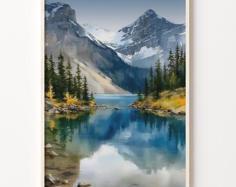 Art Deco Print of Yoho National Park, Canada, Watercolor Mountain Lake Wall Art