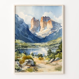 Acuarela de Torres del Paine, póster de parque nacional, arte mural de la Patagonia, impresión de Chile, póster de viaje, decoración del hogar, C30-460