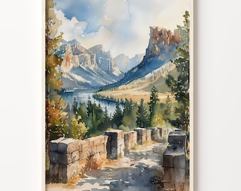 Yellowstone Watercolor Painting: National Park Travel Poster