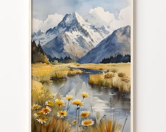 Mount Cook Watercolor Print: New Zealand Travel Poster