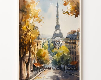 May include: Watercolor painting of a Parisian street scene featuring the Eiffel Tower in the background. The artwork showcases buildings, trees with yellow and green foliage, and a road. The painting is framed in a light wood frame.