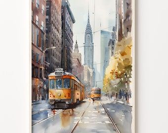 Watercolor New York City Print: Vintage Trolley, Cityscape Travel Poster