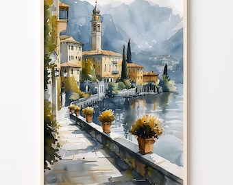 Lake Como Italy Watercolor Painting: European Wall Art