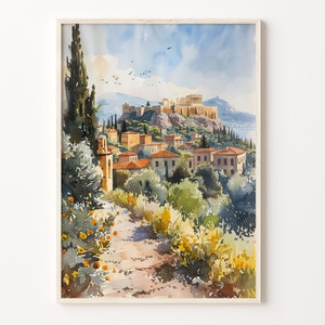 アテネの水彩画、ギリシャの壁アート、アテネのポスター、旅行プリント、ギリシャの絵画、誕生日プレゼント、結婚祝い、C30-231