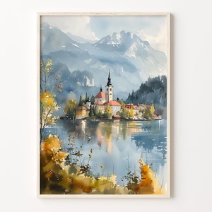 Pintura de acuarela del lago Bled, arte mural de Eslovenia, póster del lago Bled, decoración de pared con acuarela, impresión artística del lago Bled, C30-32