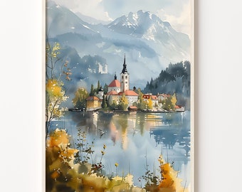 Lake Bled Slovenia Watercolor Art Print: Serene Wall Decor