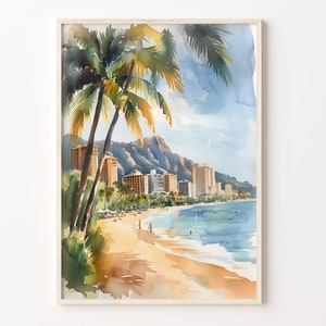 Pintura de acuarela de Hawái, arte mural de Honolulu, póster de surf de Waikiki, impresión de viaje a EE. UU., regalo de inauguración de la casa, regalo de cumpleaños, C30-346