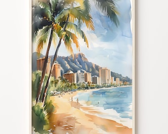 May include: Watercolor painting of a beach scene with palm trees, a sandy beach, and a city skyline in the distance. The sky is blue and cloudy, and the water is a light blue.