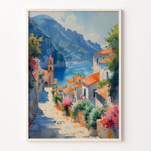Aquarel Amalfikust, kunst aan de muur Italië, Amalfi print, aquarel poster, Italië schilderij, huwelijkscadeau, C30-526