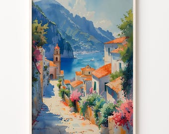 Amalfi Coast Watercolor Painting: Italy Wall Art Print
