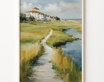 Golf Course Art, Royal Birkdale England Watercolor Coastal Landscape Print