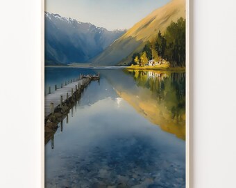 Watercolor Poster of Nelson Lakes, New Zealand Art Deco Mountain Landscape Print