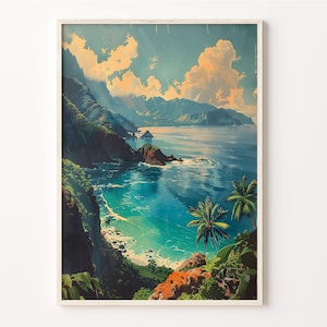 Kauai Coast Watercolor Painting: Tropical Hawaii Travel Poster