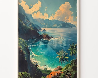May include: A vintage travel poster featuring a scenic view of a lush green coastline with a turquoise blue ocean. Palm trees are visible in the foreground, and the sky is a vibrant blue with fluffy white clouds.