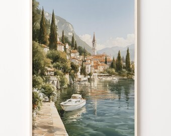 Lake Como Art Print, Italy Watercolor Travel Poster in Soft Art Deco Style