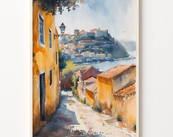 Algarve Portugal Watercolor Painting: Vintage Lisbon Art Print