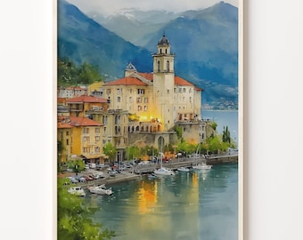 Watercolor Print of Locarno Switzerland, Art Deco Lake Landscape Wall Art