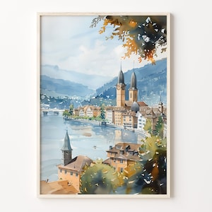 チューリッヒの水彩画、スイスの壁アート、チューリッヒのポスター、旅行プリント、室内装飾、C30-368