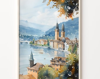 Zurich Watercolor Painting, Switzerland Wall Art, Zurich Poster, Travel Print, Home Decor, C30-368