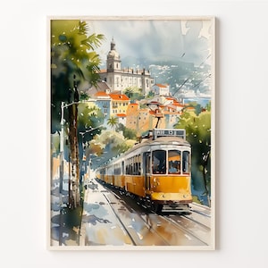 リスボンの水彩画、リスボンの旅行の壁アート、ポルトガルの旅行ポスター、ヨーロッパの水彩画プリント、旅行者の装飾、C30-932