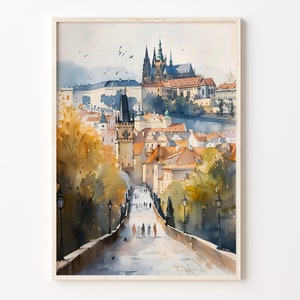 Aquarel van Praag, reisafdruk, poster, kunst aan de muur, handgemaakte aquarelkunst, decor van het stadsbeeld van Praag, C30-42