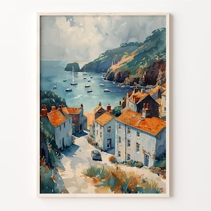 May include: Watercolor painting of a coastal village with colorful houses clustered together on a hillside overlooking a bay with boats. The sky is a light blue with fluffy white clouds.