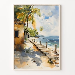 Pintura en acuarela de Maldivas, impresión de viaje tradicional, póster del océano Índico, arte mural personalizado, texto personalizado, C30-951