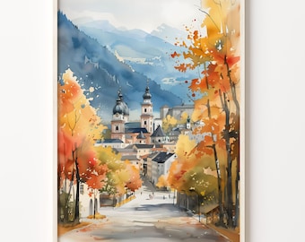 May include: A watercolor painting of a European town with a church in the background. The town is nestled in a valley with mountains in the distance. The trees are in autumn colors, with shades of orange, yellow, and red.