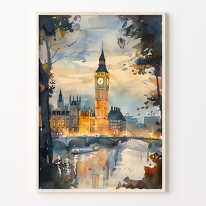 London Watercolor Painting, Traditional Travel Poster, Tower Bridge Wall Art, United Kingdom Print, Wedding, Birthday Gift, C30-174