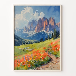 Dolomites Watercolor Painting, Italy Travel Poster, Piave Valley Wall Art, Travel Gifts, Housewarming Gift, C30-534