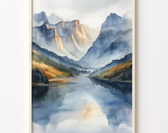 Mountain Lake Watercolor Painting: Outdoor Nature Art Print