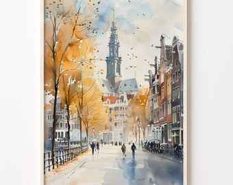Amsterdam Watercolor Painting: Netherlands Travel Art Poster