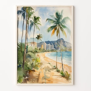 水彩画、ホノルル旅行ポスター、ワイキキ ハワイ、ダイヤモンド ヘッド ウォール アート、ミッド センチュリー モダン プリント、レトロ装飾、C30-445