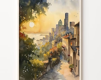 May include: Watercolor painting of a city skyline with buildings and a street leading up to a hill with trees. The sky is a soft yellow with a bright sun in the distance. The buildings are painted in shades of brown and gray. The street is paved and has a lamppost on the side.
