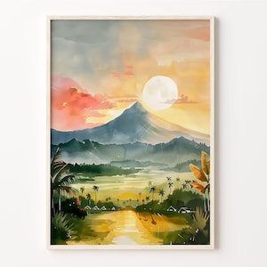 May include: A watercolor painting of a mountain range with a large sun in the sky. The mountain range is green and blue, and the sun is yellow. There are palm trees in the foreground, and a river flowing through the valley.