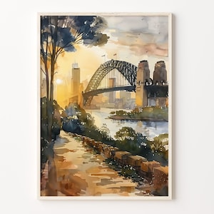 Pintura de acuarela de Sydney, póster de viaje, arte mural de Australia, impresión de Sydney, póster de acuarela, decoración del hogar, C30-388