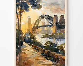 オーストラリア　シドニー風景　絵画　水彩画　原画 シドニー・ハーバー・ブリッジの水彩画：オーストラリアの風景 - Etsy 日本