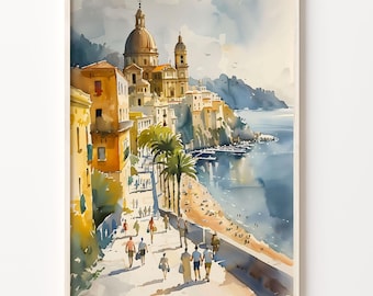 Naples Italy Watercolor Print: Coastal Cityscape Travel Poster