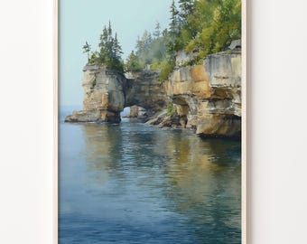 Lake Superior Art Print, Watercolor Cliffs and Evergreen Trees, Art Deco Landscape
