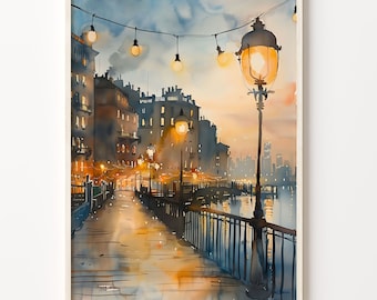 Retro Seattle Watercolor Painting: Trendy Washington Wall Art