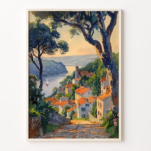 May include: A watercolour painting of a small village nestled in a valley, with a river winding through the landscape. The village is surrounded by lush green trees and a white church with a spire. The painting is framed in a white frame.