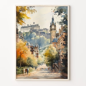 Edinburgh Aquarell Malerei, Wandbild Edinburgh Stadtbild, Schottland Poster, Wandbild Schottland, C30-40