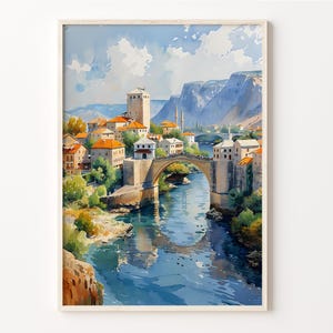 Pintura de acuarela, arte mural de Mostar, impresión de Bosnia y Herzegovina, póster del puente Stari Most, decoración del hogar, arte de regalo, C30-529