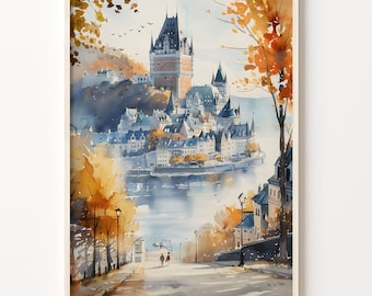 May include: A watercolor painting of a cityscape with a large castle in the background. The castle is surrounded by trees and water. Two people are walking in the foreground.