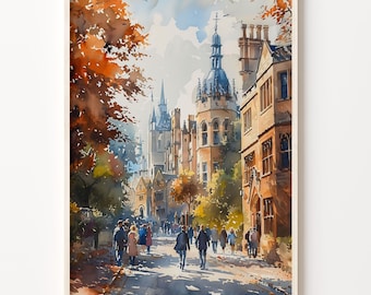 Oxford UK Watercolor Painting: Travel Poster Wall Art