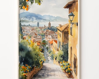 Barcelona Watercolor Painting: Vibrant Spain Wall Art