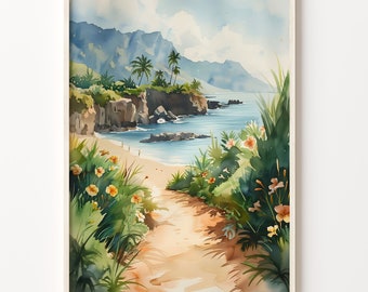 Maui Beach Watercolor Painting: Hawaii Travel Art Poster