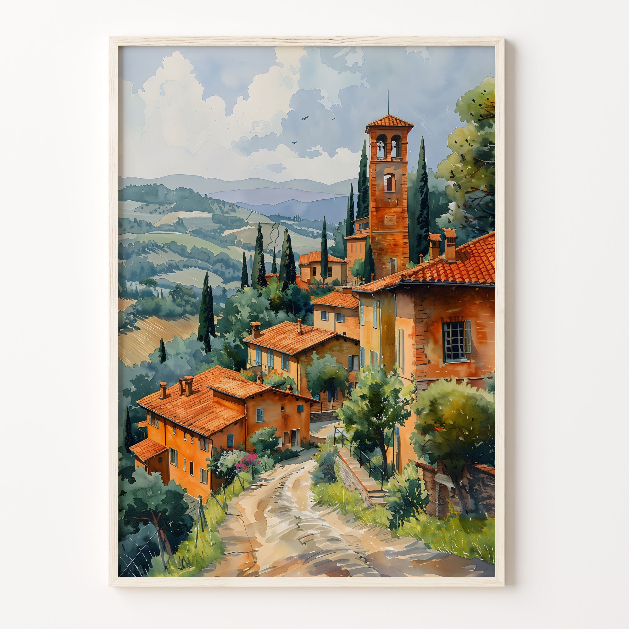 Tuscany Watercolor Painting: Italy Landscape Art Print